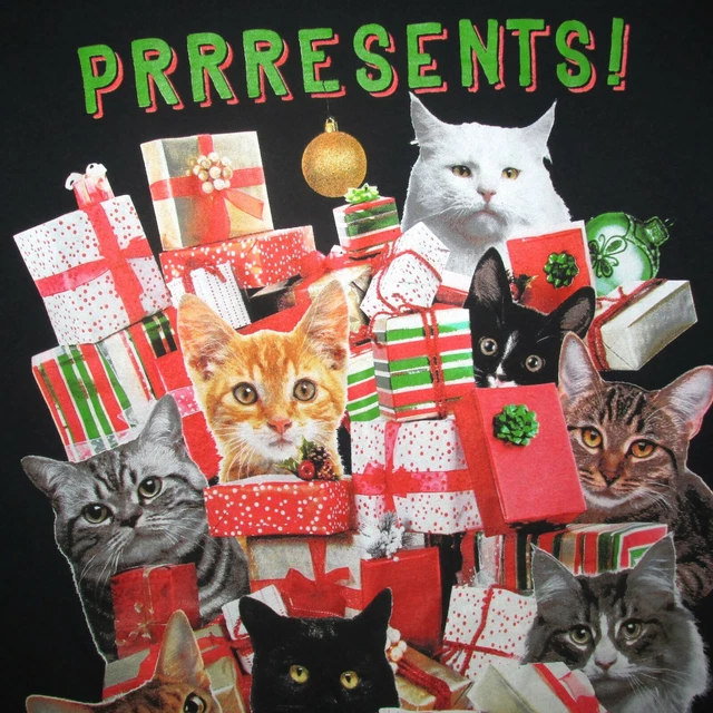 CATS Christmas HOLIDAY T-SHIRT Prrresents! NOVELTY ugly sweater party NWOT Large