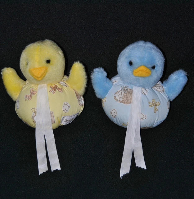 Lot 2 Peluche Doudou Poussin Canard Bleu NOUNOURS Boule Tissus Imprimé 14Cm TTBE