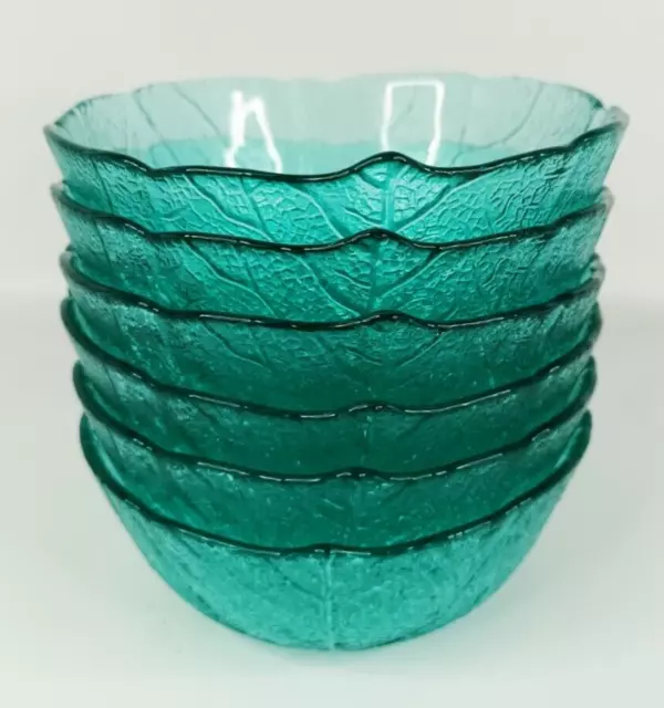 Set of 6 Vintage Arcoroc France Aspen Teal Green Glass Leaf Dessert Bowls dishes