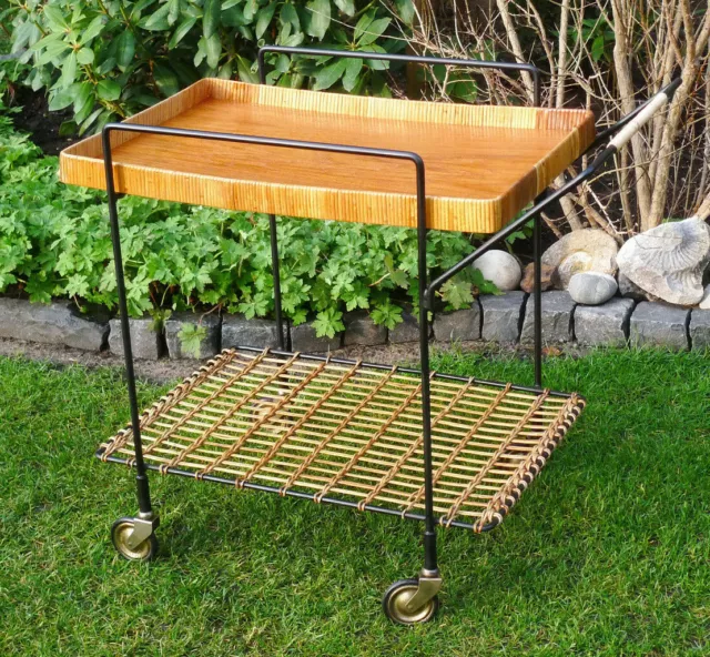 Vintage Beistelltisch Barwagen Rollwagen Tea Trolley mit Geflecht Teak 50-60er