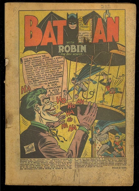 Batman #53 Coverless o/w Complete Joker Story Golden Age DC Comic 1949