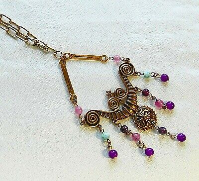 Vintage Multi-Color Glass Bead Tassel Large Pendant Necklace