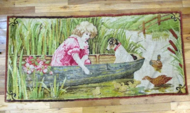 Vintage Wall Hanging Tapestry Girl with Dog in Boat 26x55