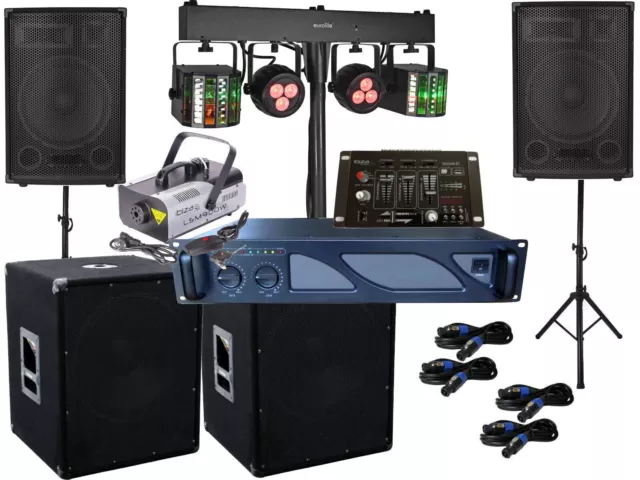 DJ Set Verstärker Mixer Subwoofer Lautsprecher Nebel LED Licht Musikanlage