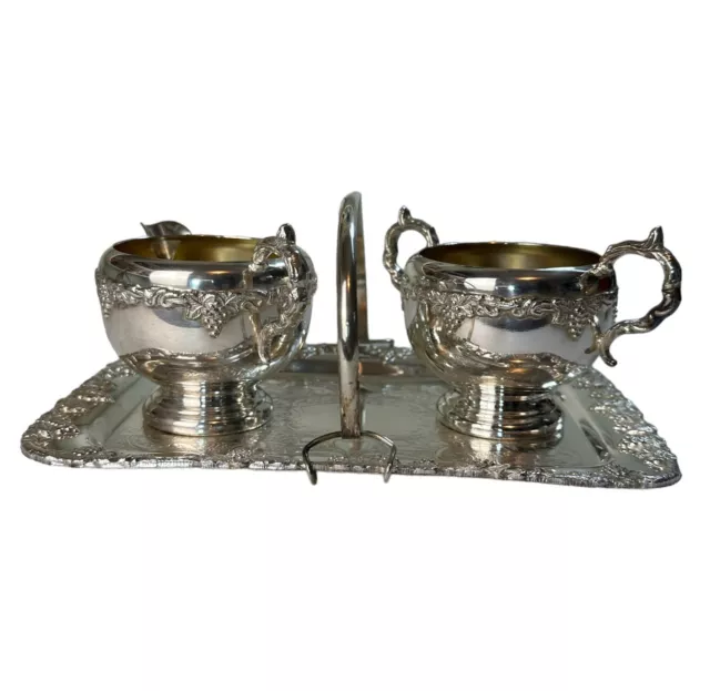 Vintage Old English Silverplate CREAMER & SUGAR with Tray Grape Vine Design