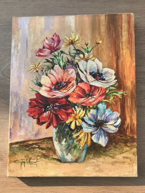 TABLEAU HUILE SUR toile fleurs en vase signé EUR 60,00 - PicClick FR