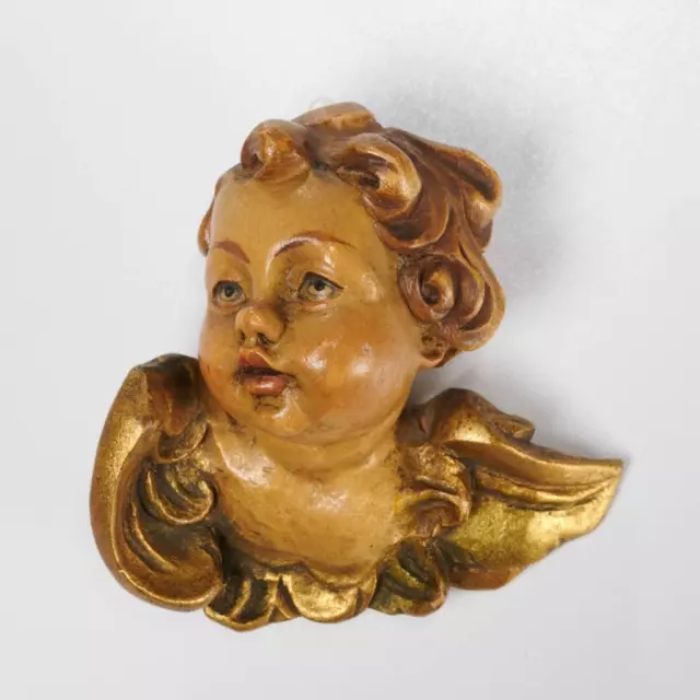 Antique Carved Wooden Christmas Angel Putto Cherub Ornament 3"h and 3.25"w