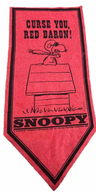 Peanuts Snoopy Felt Pennant Rare CURSE YOU RED BARON! Red Vintage Banner 1967