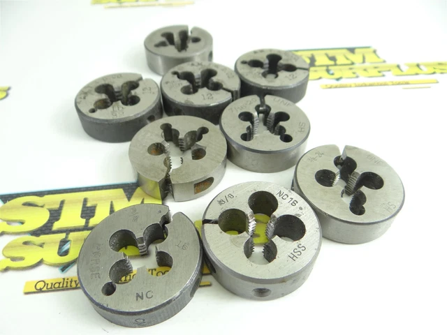 9Pc Assorted 1-1/2" Od Round Dies 3/8"-16Nc To 1/2"-20Nf Poland Morse Amt&D Co