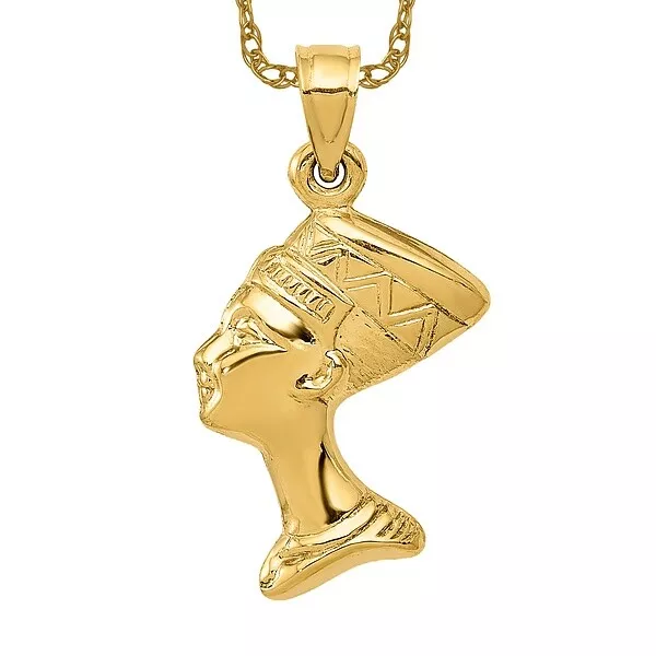 14K Yellow Gold Queen Nefertiti Egyptian Goddess African Necklace Charm Pendant