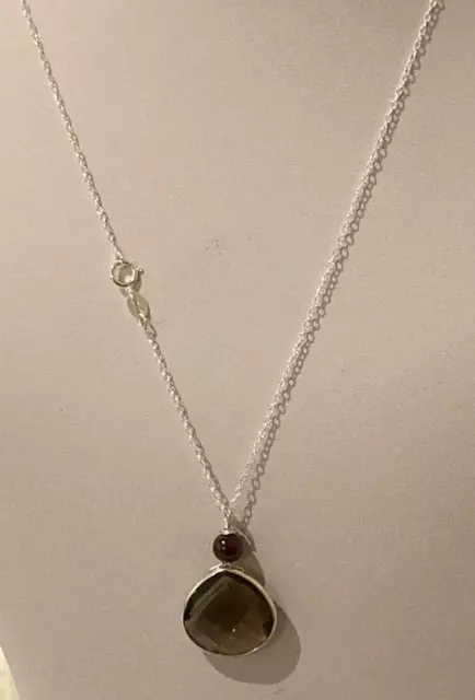 18" Sterling Silver Chain with Faceted 19mm Smokey Quartz Bezel & Garnet Pendant