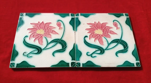 2 Piece Art Deco Flower Design Embossed Majolica Used Ceramic Tiles Japan 0311 2