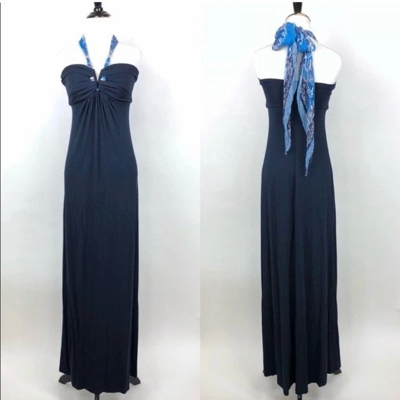 Cache Navy Blue Maxi Halter Dress, Beads & Blue Scarf, Jersey, Woman's Large Cache Navy Blue Maxi Halter Dress, Beads & Blue Scarf, Jersey, Woman's Large