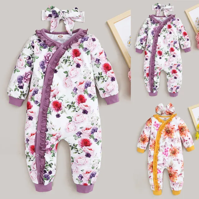 Newborn Baby Girls Floral Bodysuit Headband Outfits Jumpsuit Romper Clothes Sets