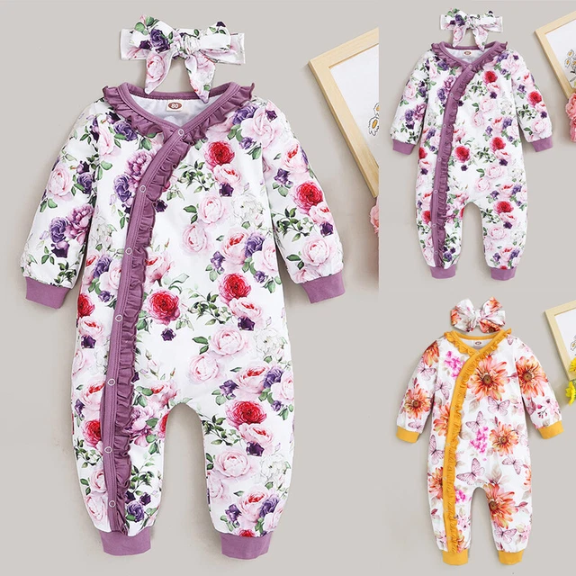 Newborn Baby Girls Floral Bodysuit Headband Outfits Jumpsuit Romper Clothes Sets