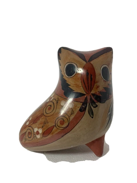 Vtg  Tonala Mexican Folk Art Pottery Owl Hand Painted Brown Black Bird Footed