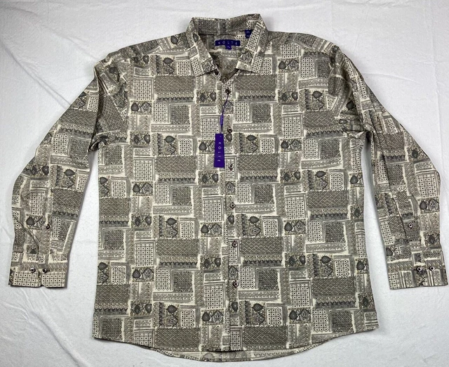 KOLTE Mens SIZE XL Gray Khaki White Victorian Print Long Sleeve Button Up Shirt
