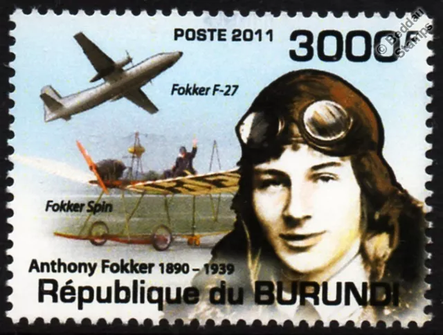 ANTHONY FOKKER & F27 Friendship Airliner / Fokker Spin Aircraft Stamp (2011)