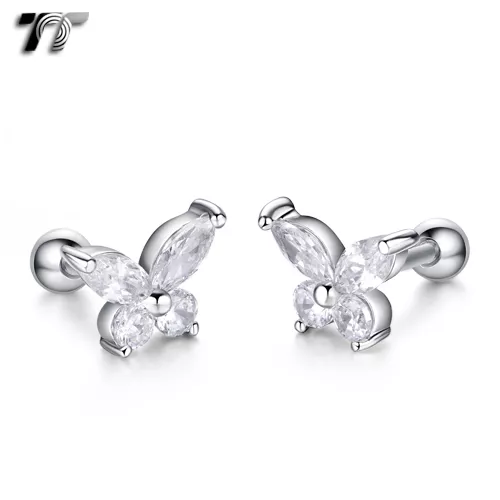 TT Silver Surgical Steel CZ Butterfly Cartilage Tragus Earrings (TR36S) NEW