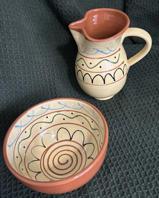 Spain Pottery Hand Crafted Pitcher & Bowl Set