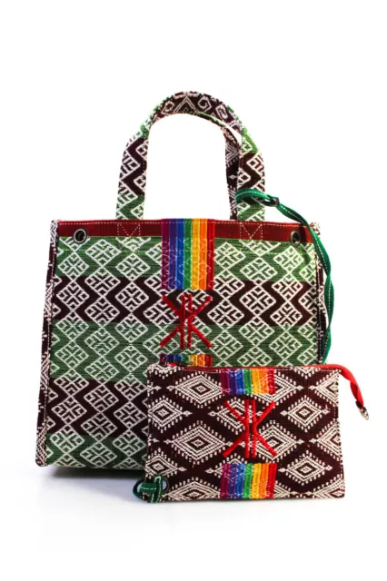 Ikkim'o Womens Pasar Large Rainbow Embroidery Canvas Tote Handbag Red Green