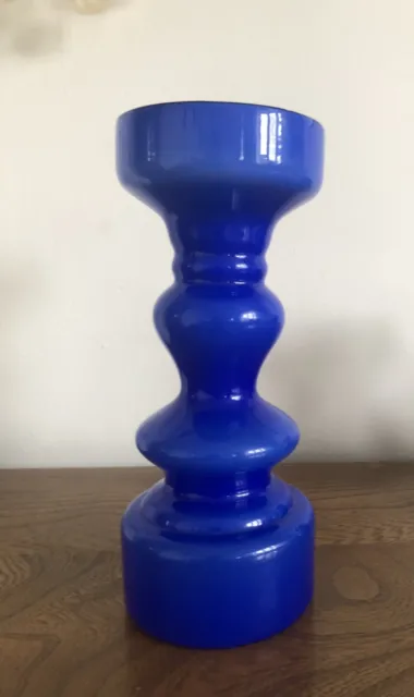 Origi Vint 60s Blue hand blown ,hooped & cased Swedish Style Art Glass Vase VGC