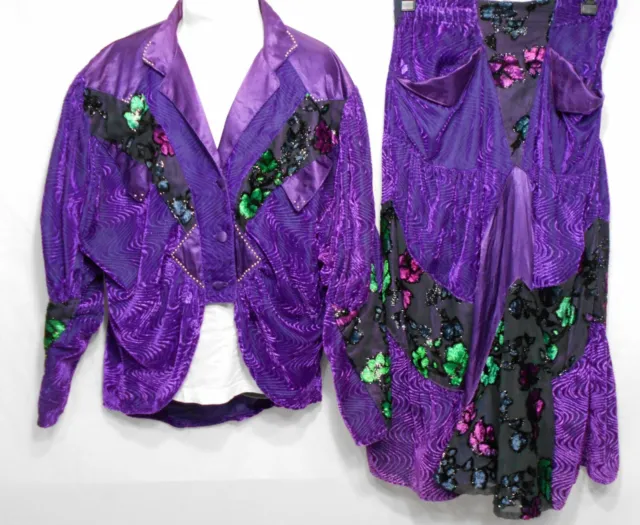 VTG 1980 's HV4 Paris Rockstar  Women Outfit Skirt & Jacket purple Satin Velour