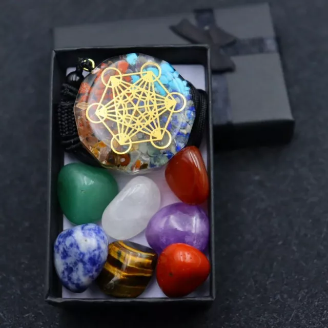 Natural 7 Chakra Healing Crystal Tumbled Stone Orgonite Energy Pendant W/ Box US