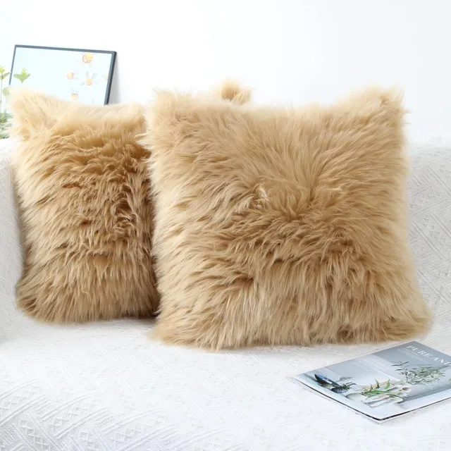 Beige 20 X 20 Inches Cushion Covers Pack of 2 Fluffy Soft Faux Fur Square Pillow