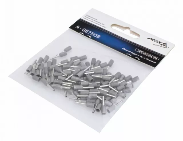 100pc Insulated Crimp Bootlace Ferrule Set Grey AWG 0.75mm² Wire Pin 8mm x 1.5mm