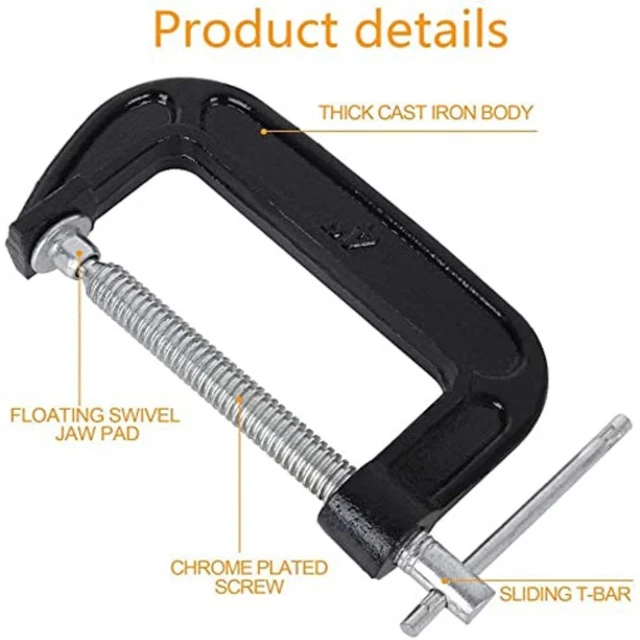 Tanstic 3-Piece C-Clamp Set – 2", 3" & 4" Heavy-Duty Cast Iron Clamps With Galvanized Finish, T-Handle Grip For Woodworking, Welding, And Workshop Use