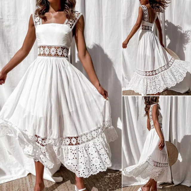 Womens Boho Lace Long Midi Dress Ladies Sleeveless Summer Holiday Beach Sundress