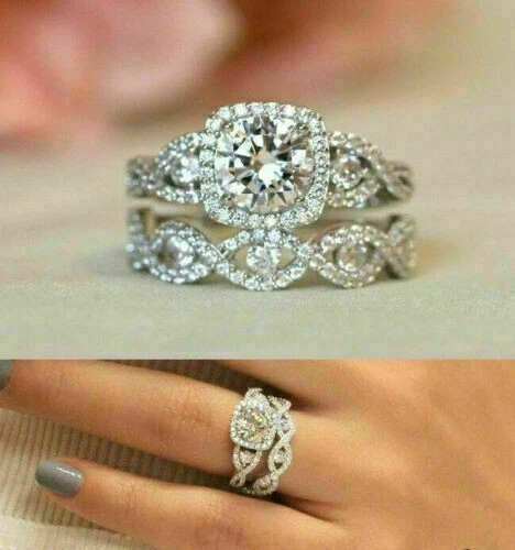 ROUND CUT 2.90 Ct Lab-Created Diamond Engagement Ring Set 925 Sterling ...