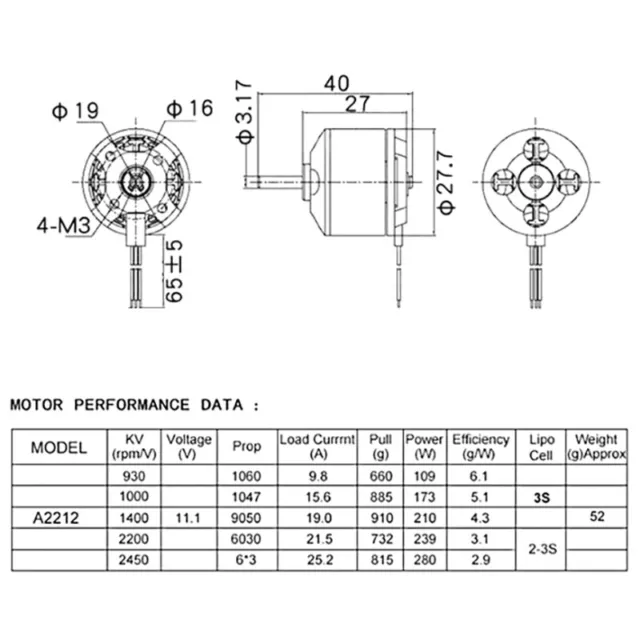 A2212 Brushless Motor 930KV 1000KV 1400KV 2200KV 2700KV For RC Aircraft Plane 3