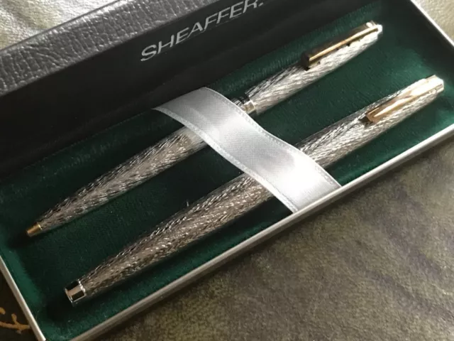 VINTAGE LADY SHEAFFER FOUNTAIN AND BALLPOINT SET,925 SEA SPRAY FINISH/GT,14k NIB