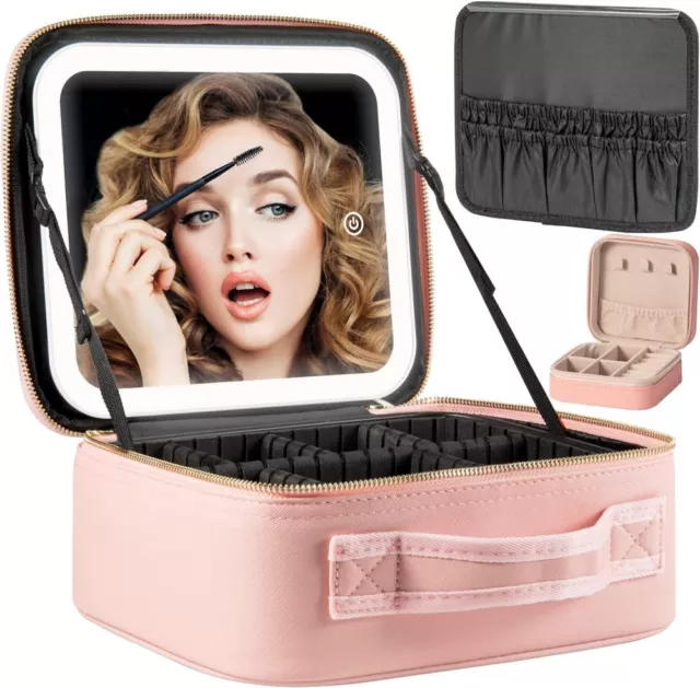 Makeup Travel Case with Mirror LED Light Portable Cosmetic Bag Storage