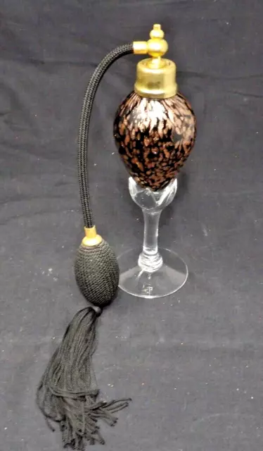 Vintage Art Glass Pedestal Perfume Bottle w/Black Tassel Atomizer 8 1/4"