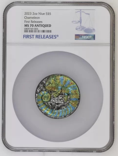 2023 Niue 2 oz Silver Colorized Chameleon Coin NGC MS70 FR