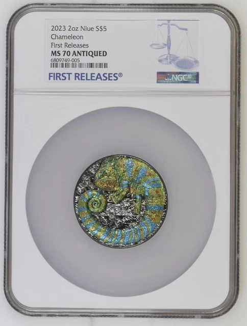 2023 Niue 2 oz Silver Colorized Chameleon Coin NGC MS70 FR