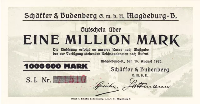Magdeburg, Schäffer & Budenberg G.m.b.H.: 1 Million Mark 15.08.1923 kassenfrisch