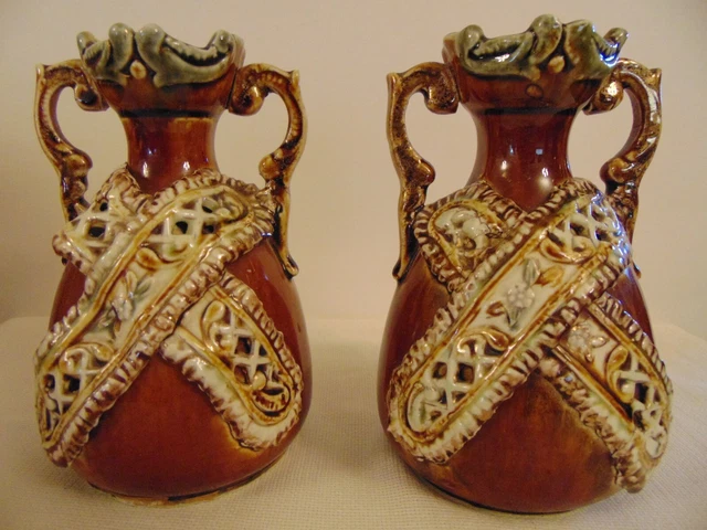 Antique  2 Rare English Majolica  Pottery  Beautiful Art Nouveau   5 3/4" Tall