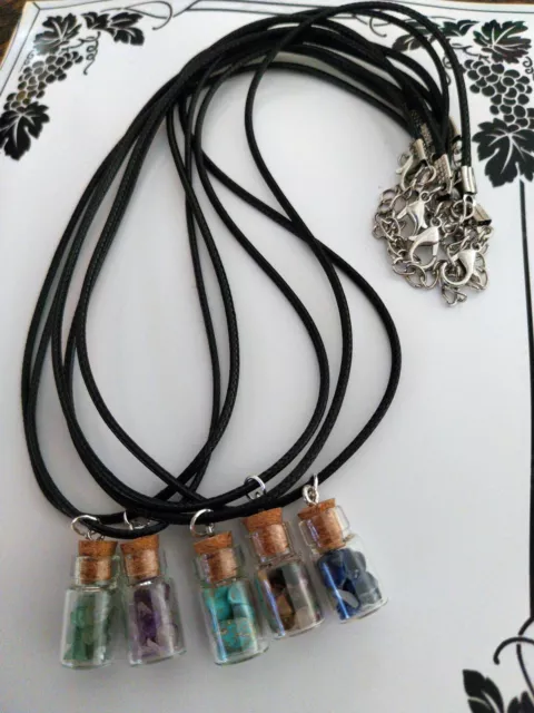 BULK 5 x Glass Bottle Necklaces and Mini GEMSTONE Chips on Leatherette Necklace