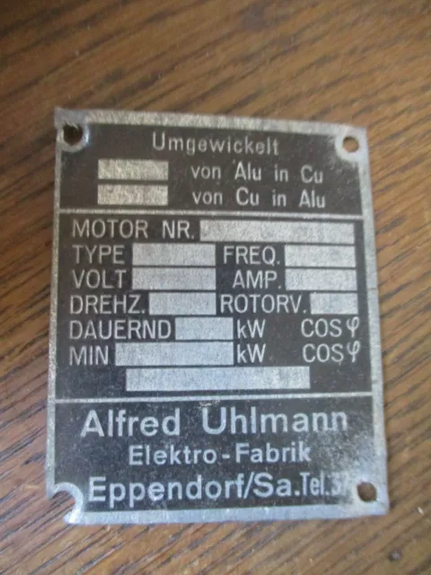 Selten Typenschild Alfred Uhlmann Eppendorf Sachsen Motor v 1939 Reklame Sammler