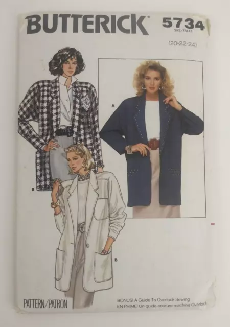 Butterick # 5734 Sewing Pattern Misses Jacket Size 20-22-24 Uncut