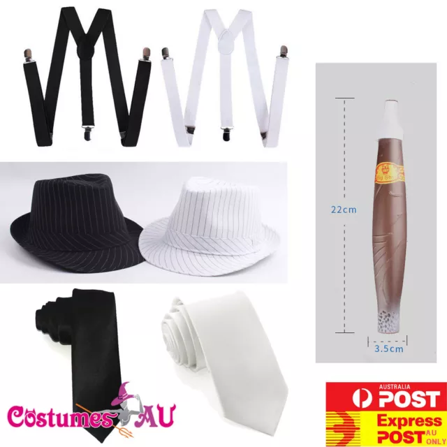 Mens 1920s 20s Gangster Set Hat Braces Tie Cigar Gatsby Costume Accessories