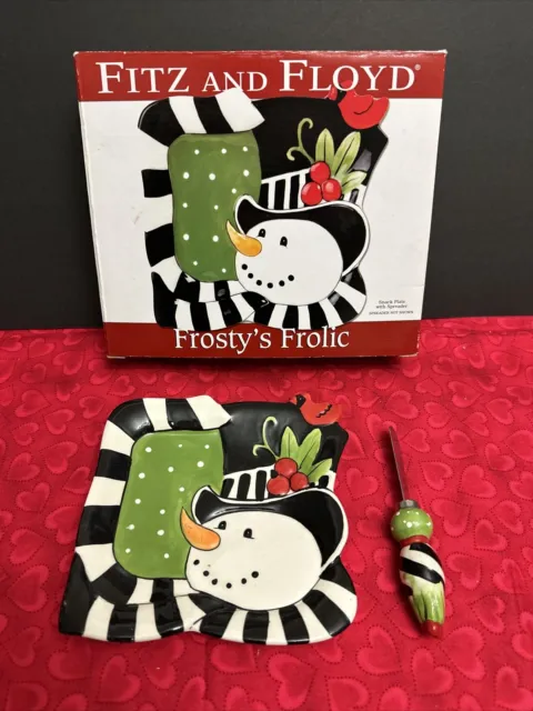 2010 Fitz And Floyd Frosty’s Frolic Snack Plate With Spreader Knife Original Box