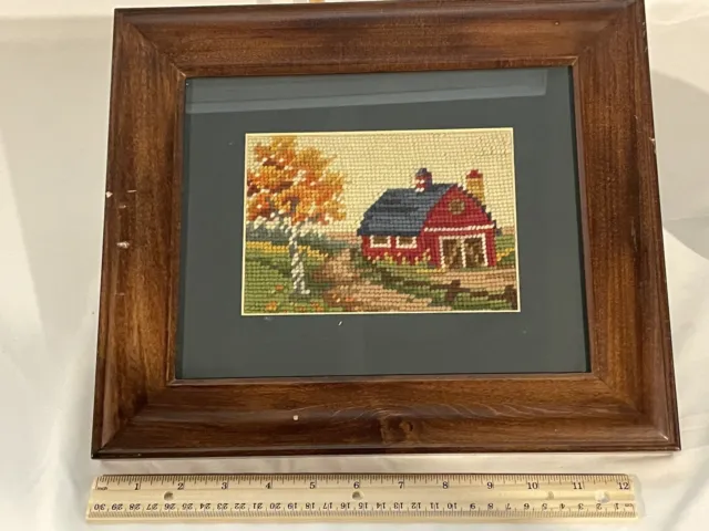Needlepoint Framed Matted Red Barn Fall Autumn Scene Foliage Falling Leaves