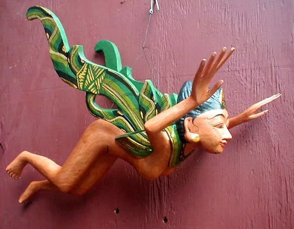 Dewi Sri Rice Goddess Flying Hanging Nude Lady Hand Wood 16" long Green As Is