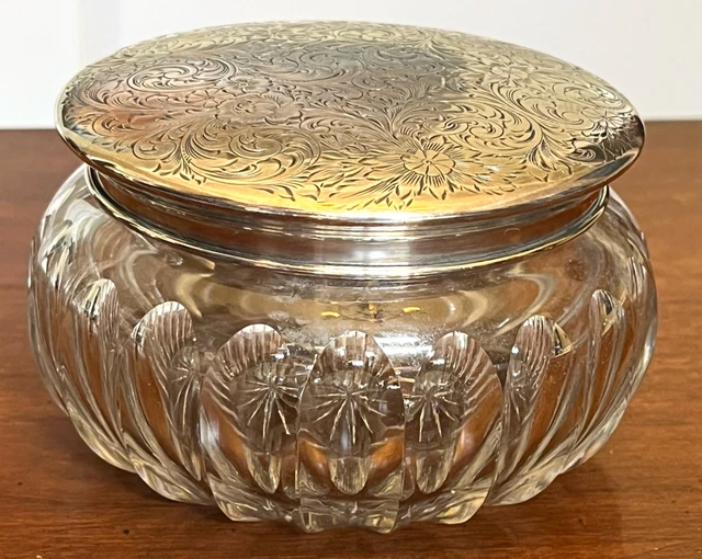 LARGE GORHAM Etched Floral STERLING SILVER CRYSTAL VANITY DRESSER JAR VICTORIAN LARGE GORHAM Etched Floral STERLING SILVER CRYSTAL VANITY DRESSER JAR VICTORIAN