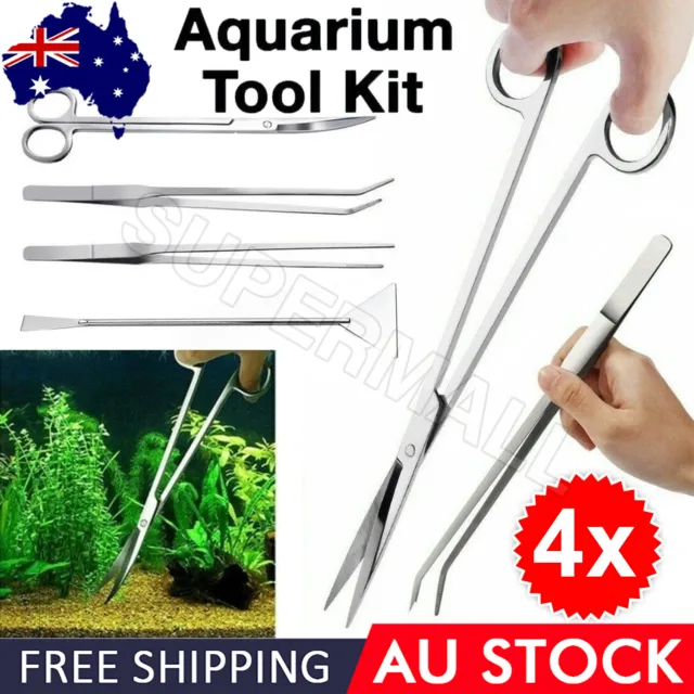 4PCS Aquarium Tool Kit Aquatic Plant Tweezers Scissors Auto Fish Feeder Tank OZ